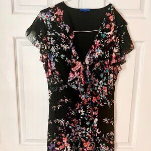 Black Sheer Short Sleeve Flower Power Ankle Length V-neck Dress XL